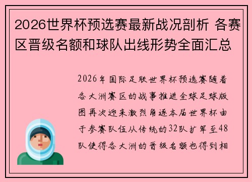 2026世界杯预选赛最新战况剖析 各赛区晋级名额和球队出线形势全面汇总